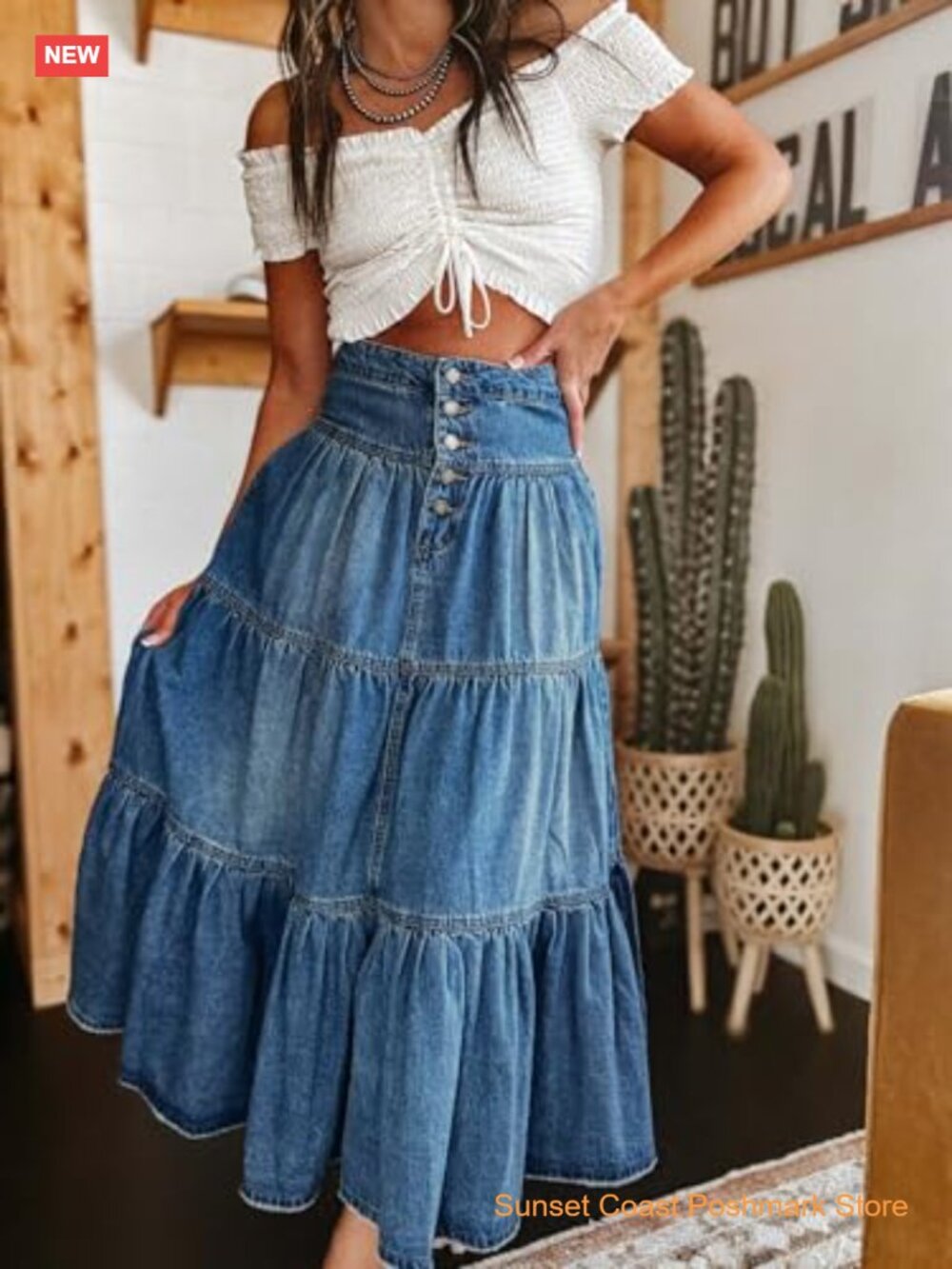 High Rise Button-Fly Tiered Ruffle A-Line Denim Maxi Skirt with Pockets - Picture 2 of 7